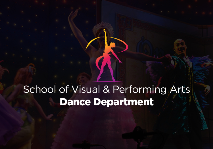 Banner with dancers performing on a stage under star-like lights, overlaid with a colorful dancer silhouette logo and the text “School of Visual & Performing Arts Dance Department.”