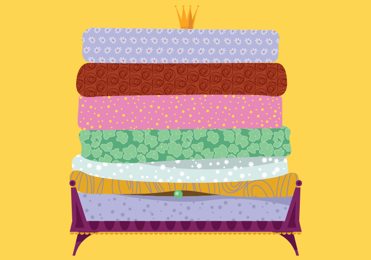 Illustration of multiple mattresses stacked on a bed frame.